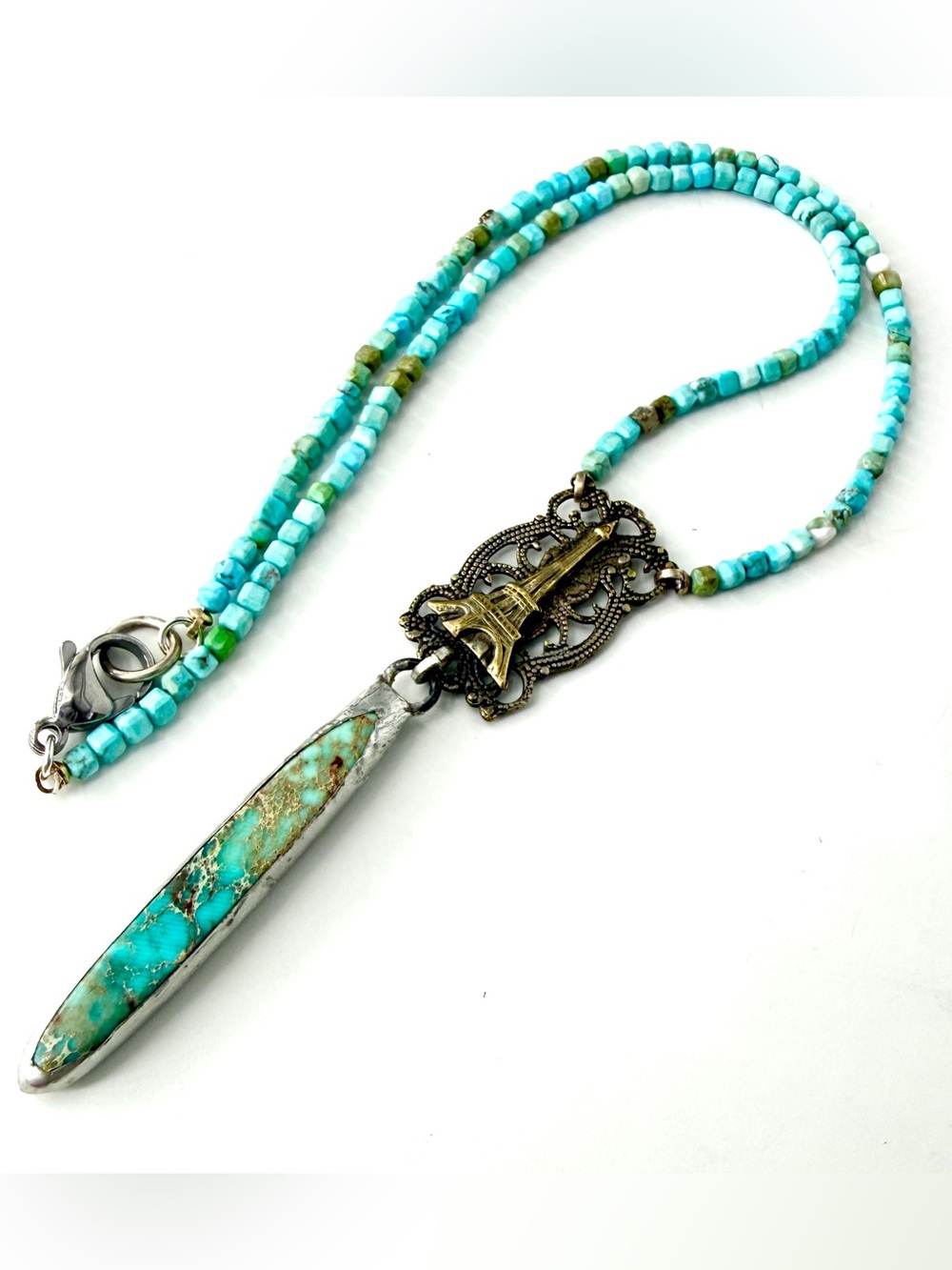 Vintage Sterling Silver Eiffel Tower Turquoise Necklace, One Of A Kind Necklace